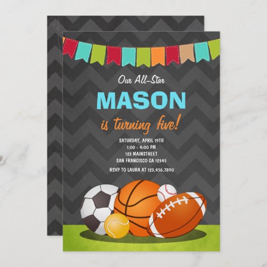 Verjaardagsuitnodiging voor All Star verjaardagsfe Kaart (Voorkant / Achterkant)