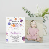 Verjaardagsuitnodiging voor astronauten met foto kaart (Staand voorkant)