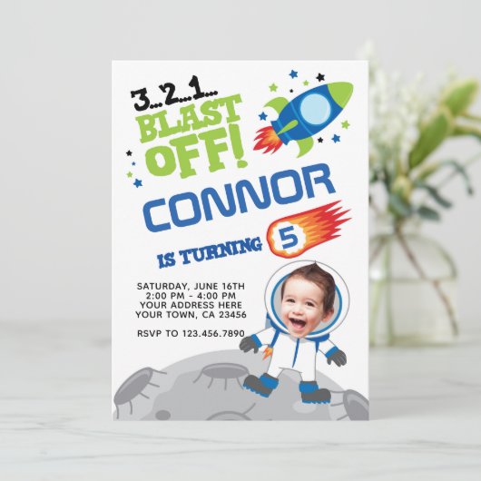 Verjaardagsuitnodiging voor astronauten, met uw fo kaart (Staand voorkant)