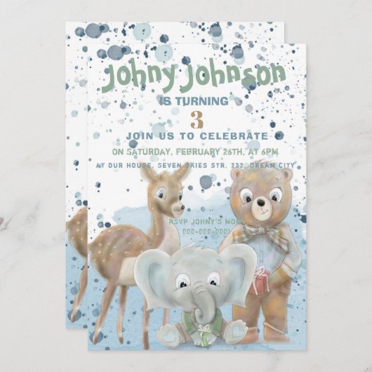 verjaardagsuitnodiging voor baby's met een dierthe aankondiging (Voorkant / Achterkant)