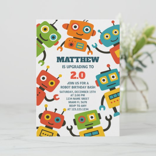 Verjaardagsuitnodiging voor bewerkbare robot kaart (Staand voorkant)