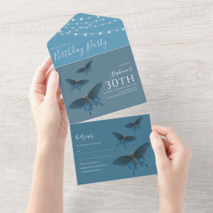 Verjaardagsuitnodiging voor Blue Butterfly All In One Uitnodiging