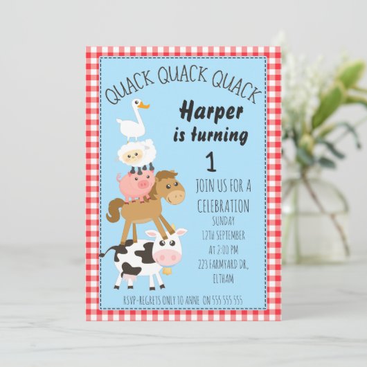 Verjaardagsuitnodiging voor boerderijdieren kaart (Staand voorkant)