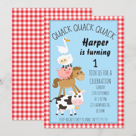 Verjaardagsuitnodiging voor boerderijdieren kaart (Voorkant / Achterkant)