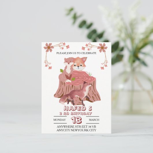 Verjaardagsuitnodiging voor bosdieren: herfstbos  briefkaart (Staand voorkant)