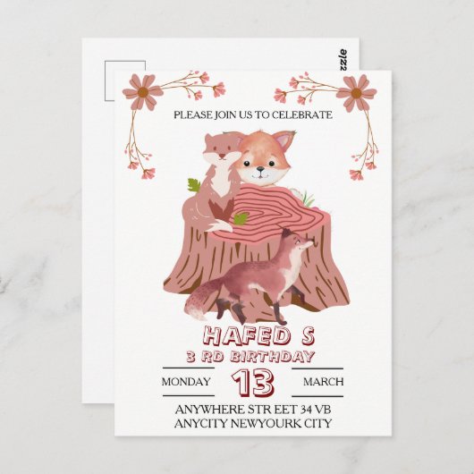 Verjaardagsuitnodiging voor bosdieren: herfstbos  briefkaart (Voorkant / Achterkant)