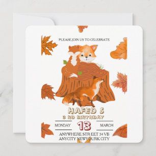 Verjaardagsuitnodiging voor bosdieren: herfstbos save the date