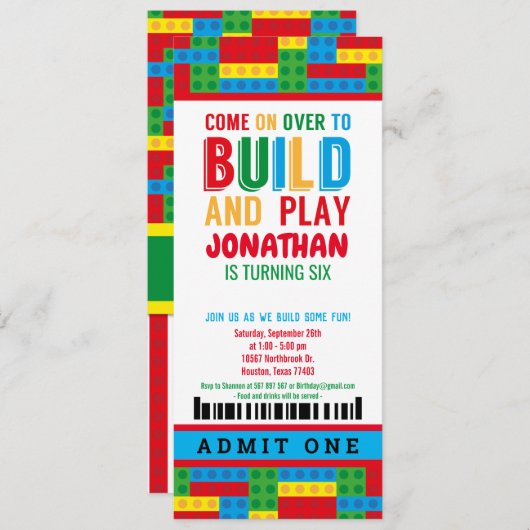 verjaardagsuitnodiging voor bouwstenen kaart (Voorkant / Achterkant)
