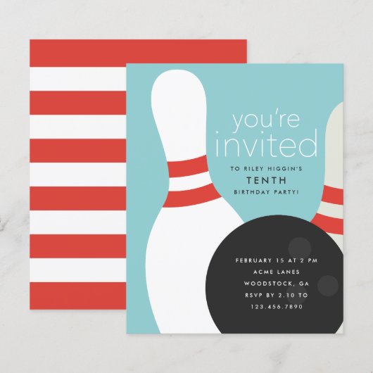 Verjaardagsuitnodiging voor bowlingfeestje (Voorkant / Achterkant)