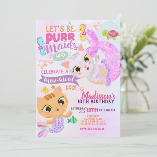 Verjaardagsuitnodiging voor Cat Mermaid Purrmaids Kaart (Staand voorkant)