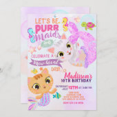 Verjaardagsuitnodiging voor Cat Mermaid Purrmaids Kaart (Voorkant / Achterkant)