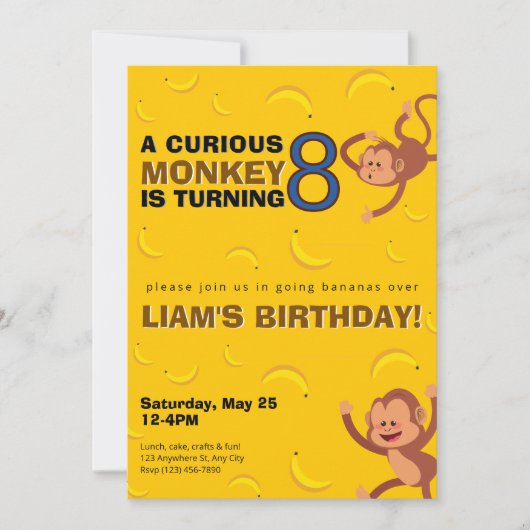 Verjaardagsuitnodiging voor Curious Monkey | Banan Kaart (Voorkant)