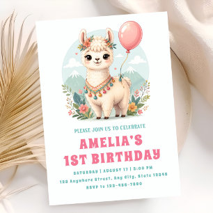 Verjaardagsuitnodiging voor Cute Alpaca Girl 1e ve Kaart