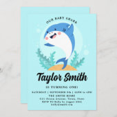 Verjaardagsuitnodiging voor Cute Baby Shark-feestj Kaart (Voorkant / Achterkant)