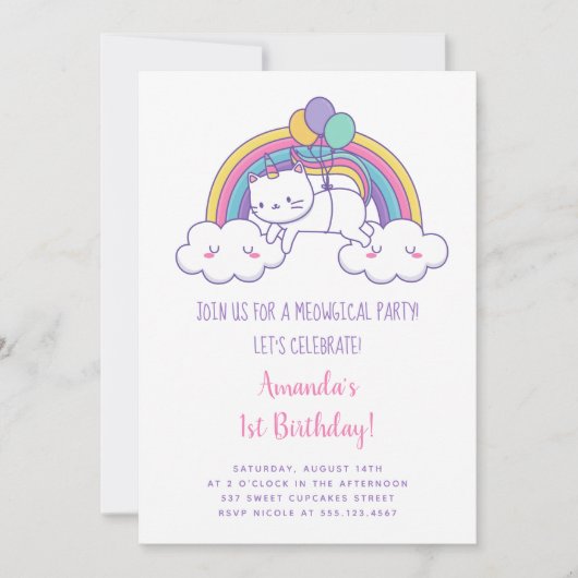 Verjaardagsuitnodiging voor Cute Rainbow Caticorn Kaart (Voorkant)