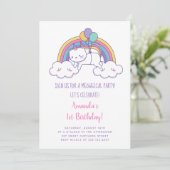 Verjaardagsuitnodiging voor Cute Rainbow Caticorn Kaart (Staand voorkant)