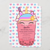 Verjaardagsuitnodiging voor Cute Unicorn Boba Tea Kaart (Voorkant / Achterkant)