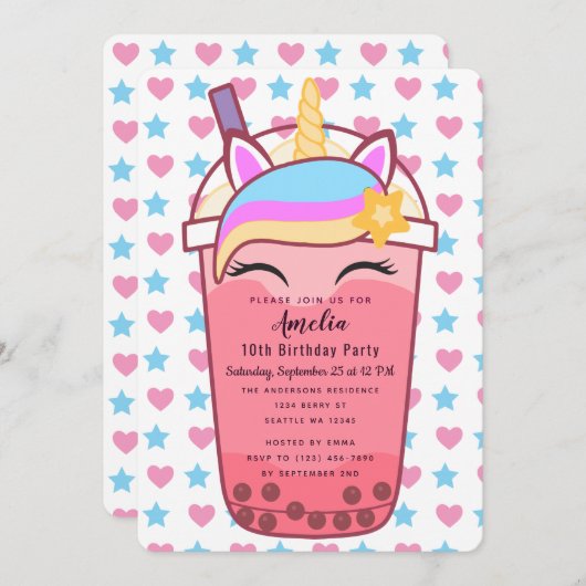 Verjaardagsuitnodiging voor Cute Unicorn Boba Tea Kaart (Voorkant / Achterkant)