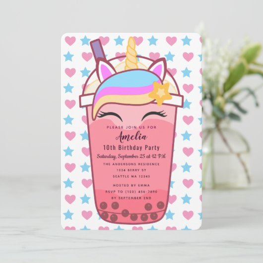 Verjaardagsuitnodiging voor Cute Unicorn Boba Tea Kaart (Staand voorkant)