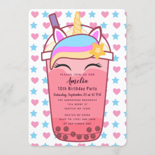 Verjaardagsuitnodiging voor Cute Unicorn Boba Tea Kaart