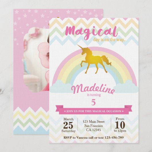 verjaardagsuitnodiging voor de mousserende regenbo kaart (Voorkant / Achterkant)