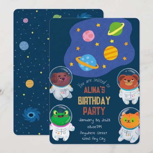 Verjaardagsuitnodiging voor dierenastronauten kaart (Voorkant / Achterkant)