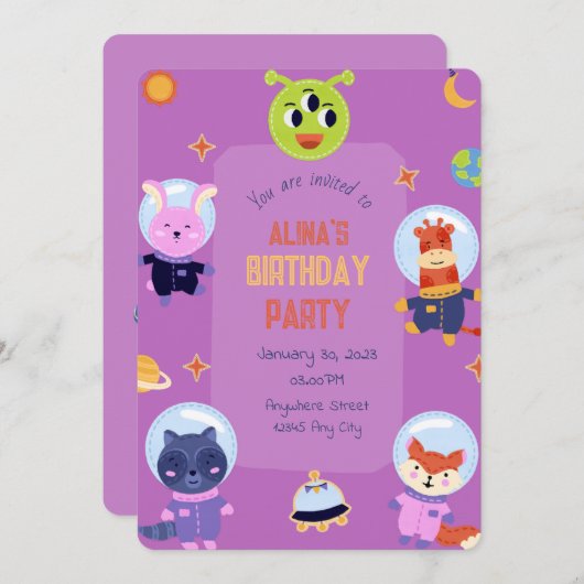 Verjaardagsuitnodiging voor dierenastronauten kaart (Voorkant / Achterkant)
