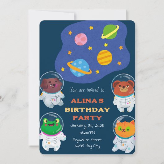 Verjaardagsuitnodiging voor dierenastronauten kaart (Voorkant)