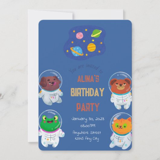 Verjaardagsuitnodiging voor dierenastronauten kaart (Voorkant)