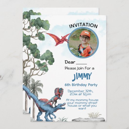 Verjaardagsuitnodiging voor dinosaur jongen kaart (Voorkant / Achterkant)