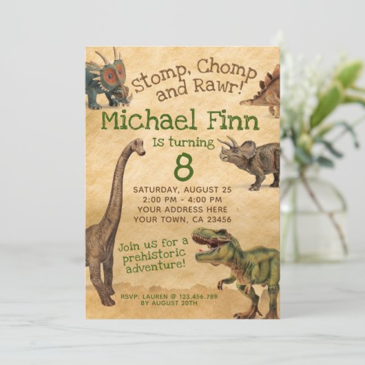Verjaardagsuitnodiging voor dinosaurussen, Rawr In Kaart (Staand voorkant)