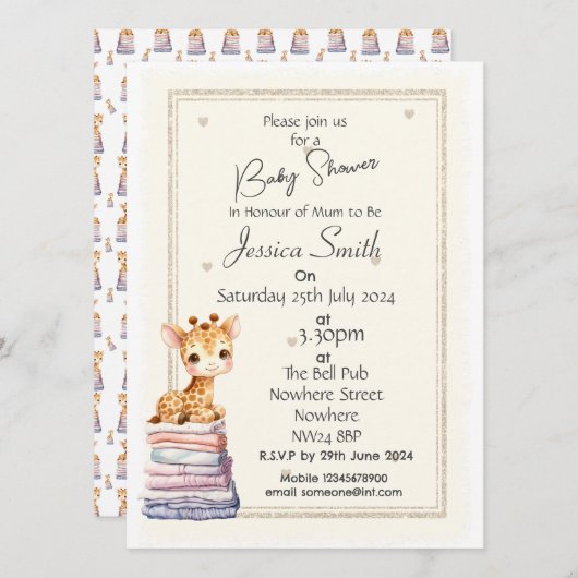 Verjaardagsuitnodiging voor een Cute Giraffe Baby  Kaart (Voorkant / Achterkant)