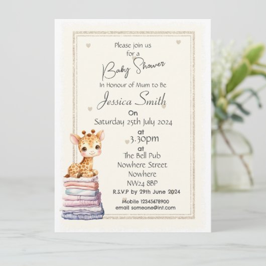 Verjaardagsuitnodiging voor een Cute Giraffe Baby  Kaart (Staand voorkant)