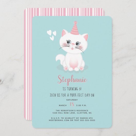 Verjaardagsuitnodiging voor een kattenpoot-perfect kaart (Voorkant / Achterkant)