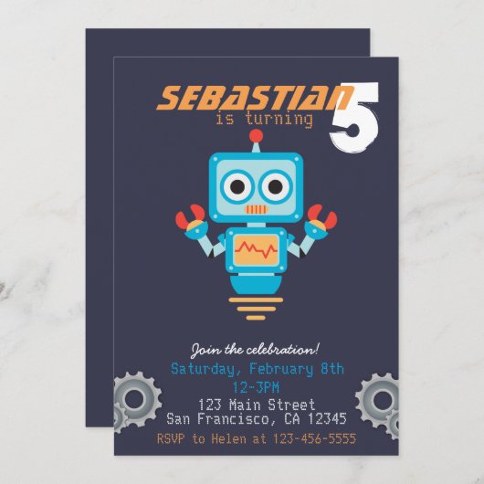 Verjaardagsuitnodiging voor een leuke robotjongen kaart (Voorkant / Achterkant)