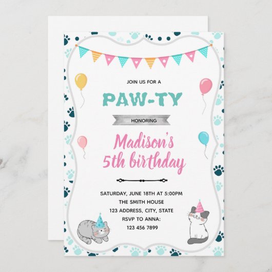 Verjaardagsuitnodiging voor een lieve kat kaart (Voorkant / Achterkant)