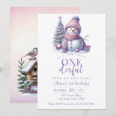 Verjaardagsuitnodiging voor een lieve roze sneeuwm kaart (Voorkant / Achterkant)