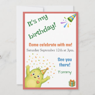 Verjaardagsuitnodiging voor een schattig groen mon kaart
