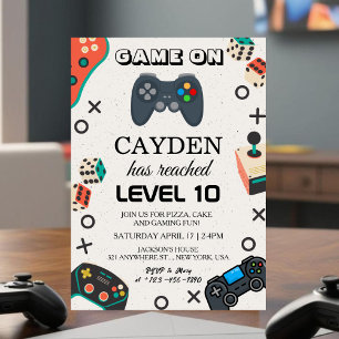 Verjaardagsuitnodiging voor gamer met level-up vid kaart