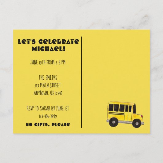 Verjaardagsuitnodiging voor gele schoolbus uitnodiging briefkaart (Achterkant)