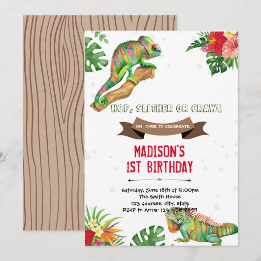 verjaardagsuitnodiging voor Girl reptile Kaart (Voorkant / Achterkant)