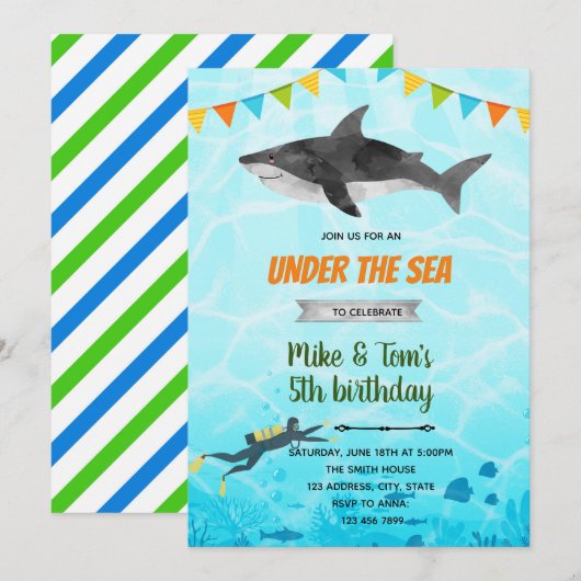 verjaardagsuitnodiging voor haaien en scuba kaart (Voorkant / Achterkant)