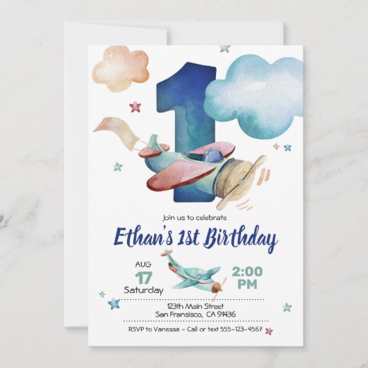 Verjaardagsuitnodiging voor het thema Vliegtuig Kaart (Voorkant)