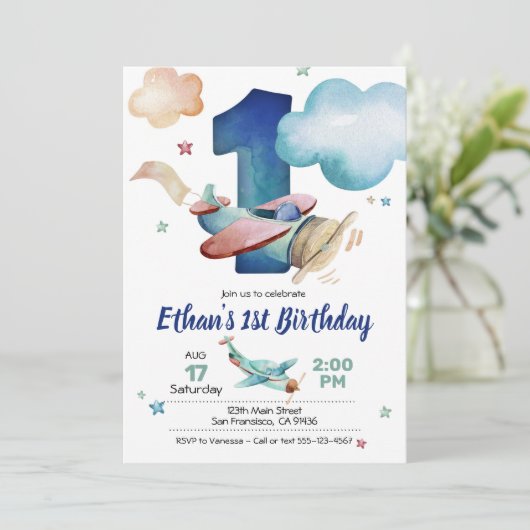 Verjaardagsuitnodiging voor het thema Vliegtuig Kaart (Staand voorkant)