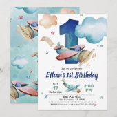 Verjaardagsuitnodiging voor het thema Vliegtuig Kaart (Voorkant / Achterkant)