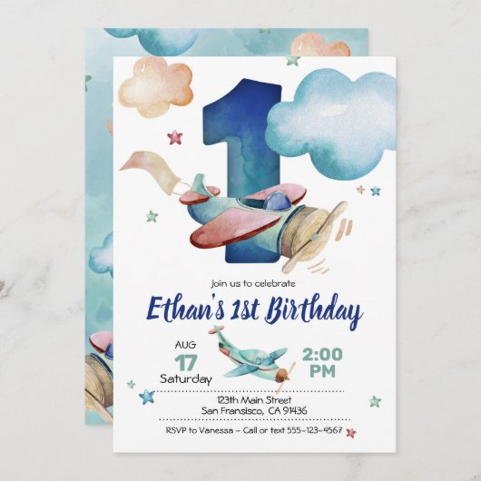 Verjaardagsuitnodiging voor het thema Vliegtuig Kaart (Voorkant / Achterkant)