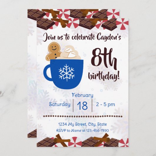 Verjaardagsuitnodiging voor hete cacaopartij kaart (Voorkant / Achterkant)