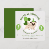 Verjaardagsuitnodiging voor hond en groene ballonn kaart (Voorkant / Achterkant)