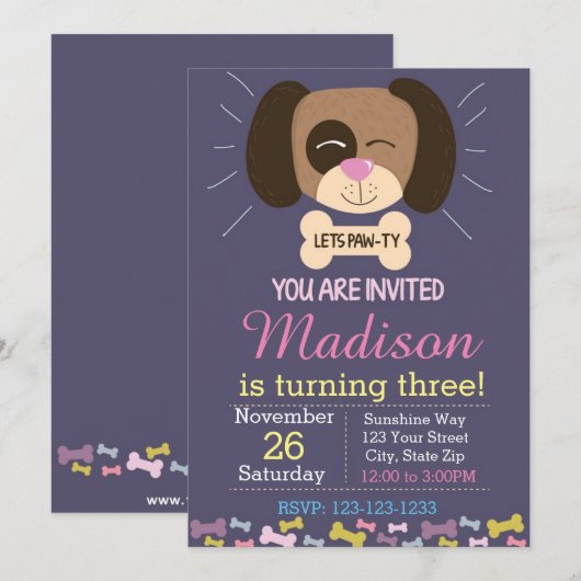Verjaardagsuitnodiging voor honden (paarse) kaart (Voorkant / Achterkant)