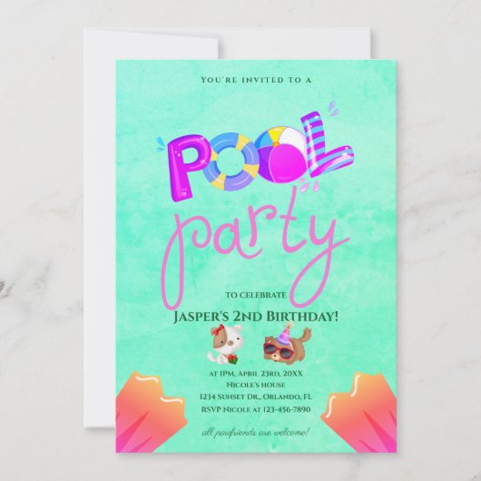 Verjaardagsuitnodiging voor hondenpoolfeest kaart (Voorkant)